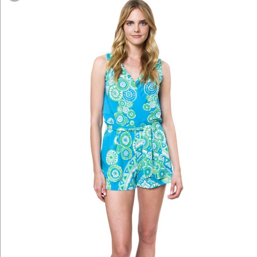 Blue and green shorts romper